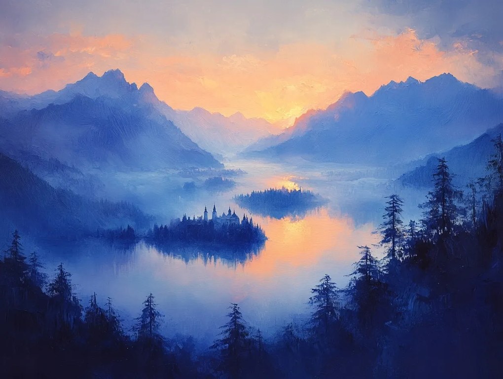 Vászonkép Canvas Tájkép Magas Hegyek Erdő Tó Sziget Kastély 80x60