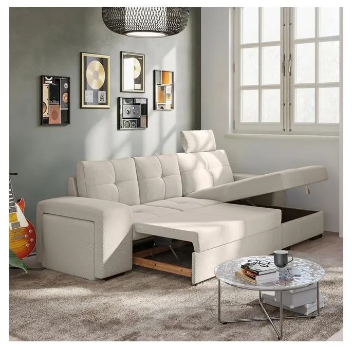 PALERMO jobb oldali, világosszürke kihúzható kanapé tárolóval és puffal
