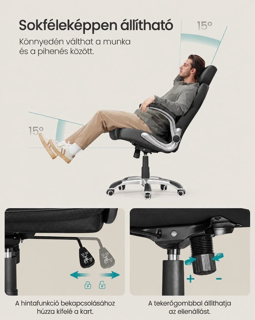 SONGMICS STEVON ergonomikus irodai és gamer forgószék, állítható fejtámlával, felhajtható karfákkal, max. 150 kg, fekete