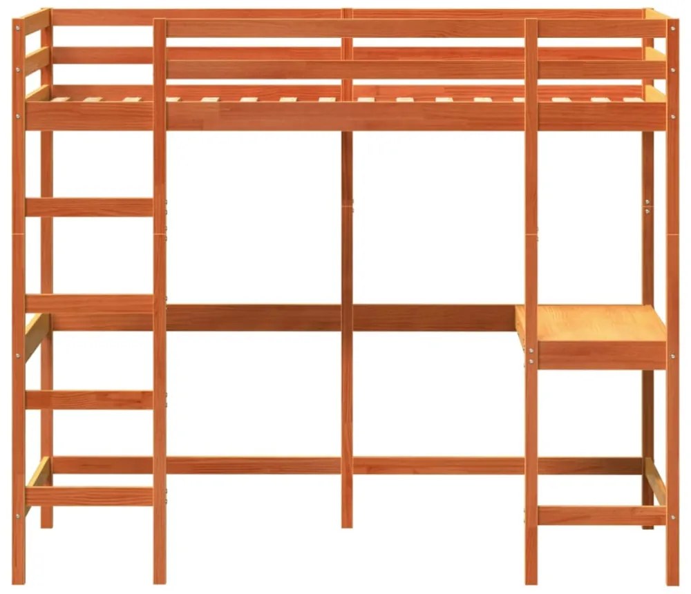 viaszbarna tömör fenyőfa galériaágy íróasztallal 90 x 200 cm