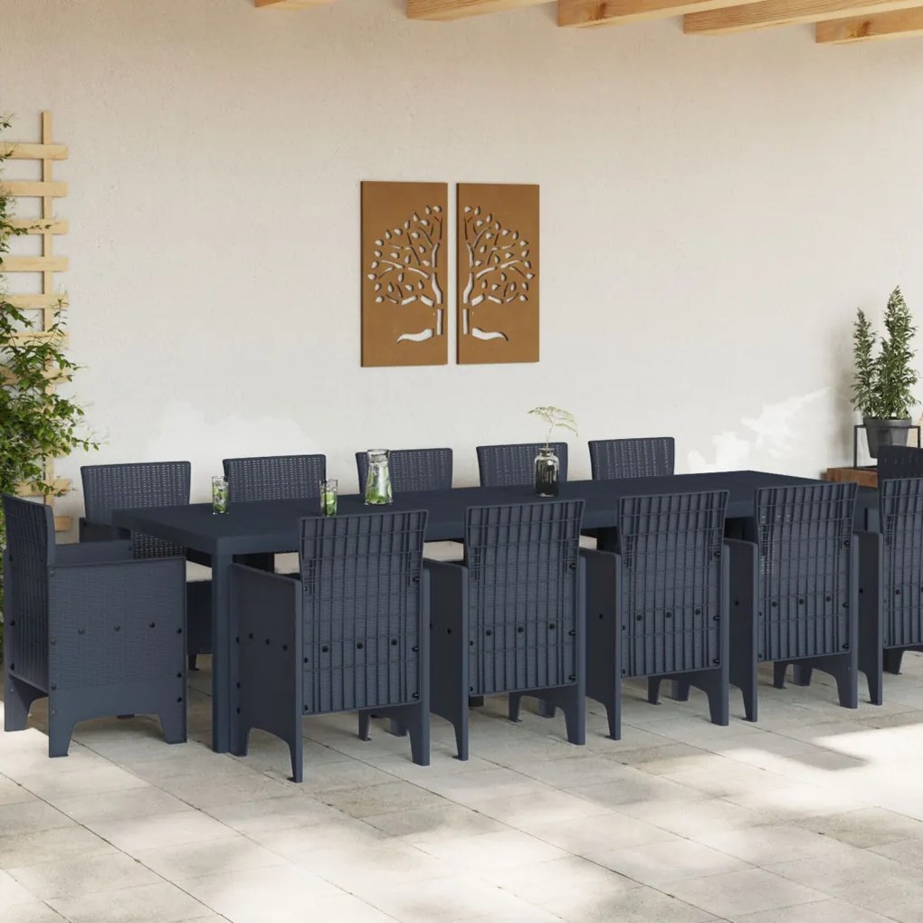 13 darabos kerti étkezőszett párnákkal antracit polirattan, kerti asztal antracit 150x100x73 cm polirattan, kerti székek párnákkal 4 db antracit polirattan