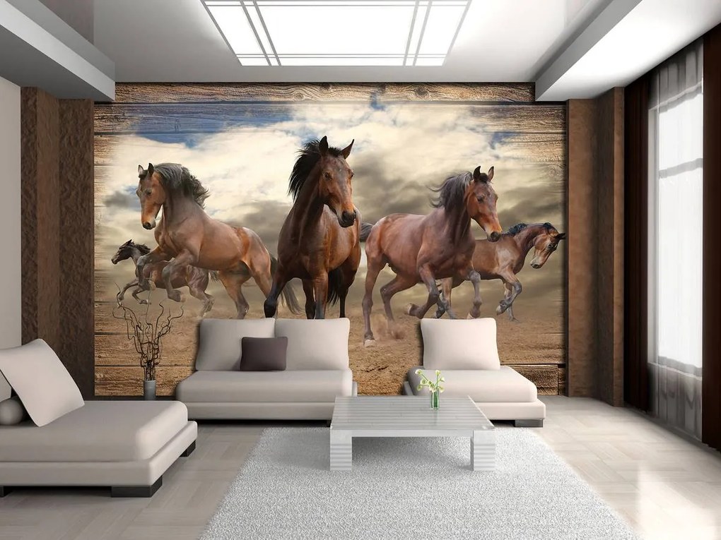 Fotótapéta - Vágtató ló fa táblákon (152,5x104 cm)
