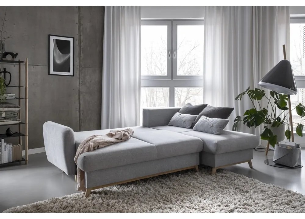 Világosszürke kinyitható-tárolóhelyes sarokkanapé (jobb oldali-heverő résszel) Scandic Lagom – Miuform