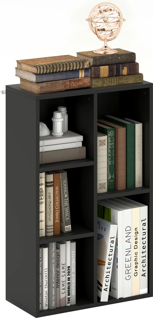 HOMCOM Könyvespolc, 2-Szintes Tárolópolc 5 Rekesszel, Nappaliba, Hálószobába, Irodába, 50 x 24 x 80 cm, Fekete | Aosom