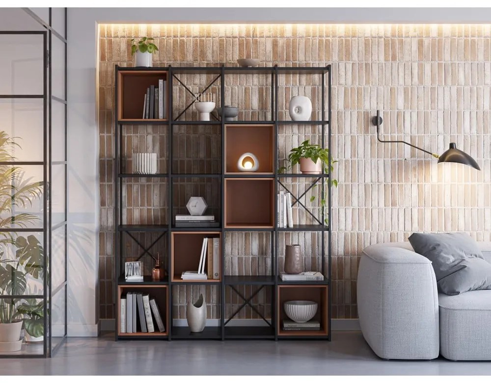 Fekete-téglavörös könyvespolc 140x179 cm Anya – Marckeric