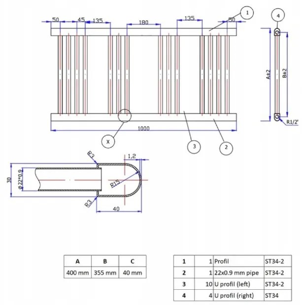 Erga Puerto, fűtőelem 500x1000 mm, 440W, fekete matt, ERG-PUERTO/1000/500/455/BLACK