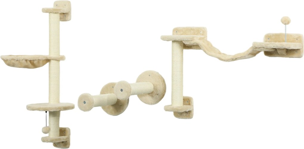 PawHut 4 darabos macskatulajdonos falra szerelhető kaparó szett, függőágy, kaparószlopok, lágy létra és ugrálóplatformok, bézs | Aosom