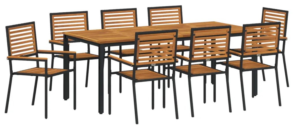 9 Részes Kerti Étkezőszett Fekete Poli Rattan Akácia, Egymásra Rakható Kerti Székek Párnákkal 2 db Fekete Poli Rattan, Kerti Asztal 200x90x75 cm Tömör Akácia Fa és Fém