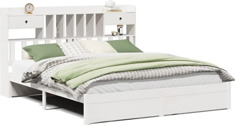 vidaXL fehér tömör fenyőfa könyvespolcos ágy matrac nélkül 180x200 cm