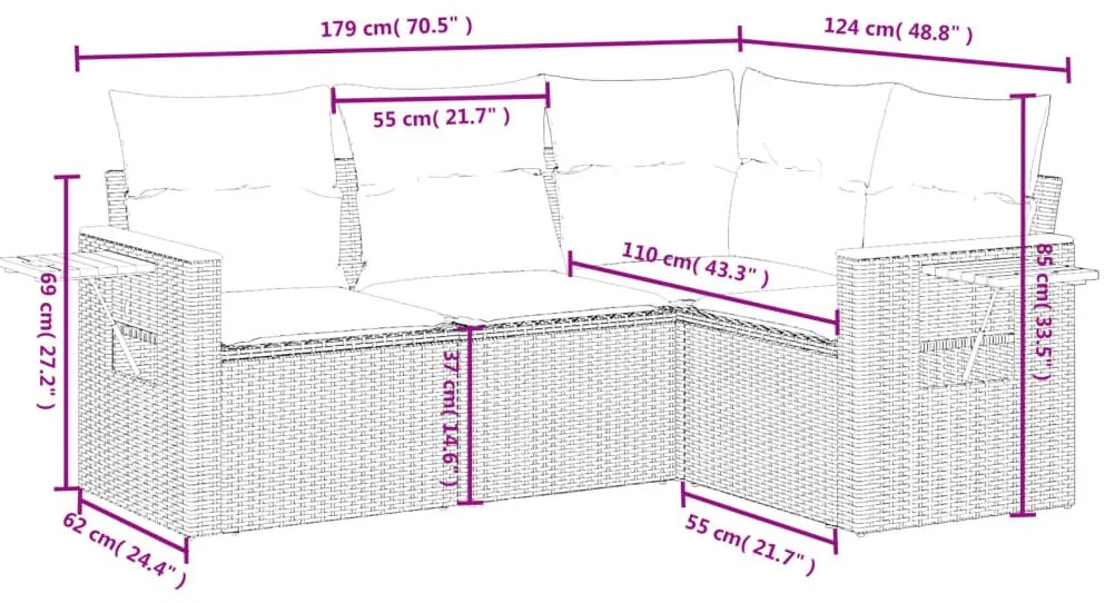 4 részes fekete polyrattan kerti ülőgarnitúra párnával