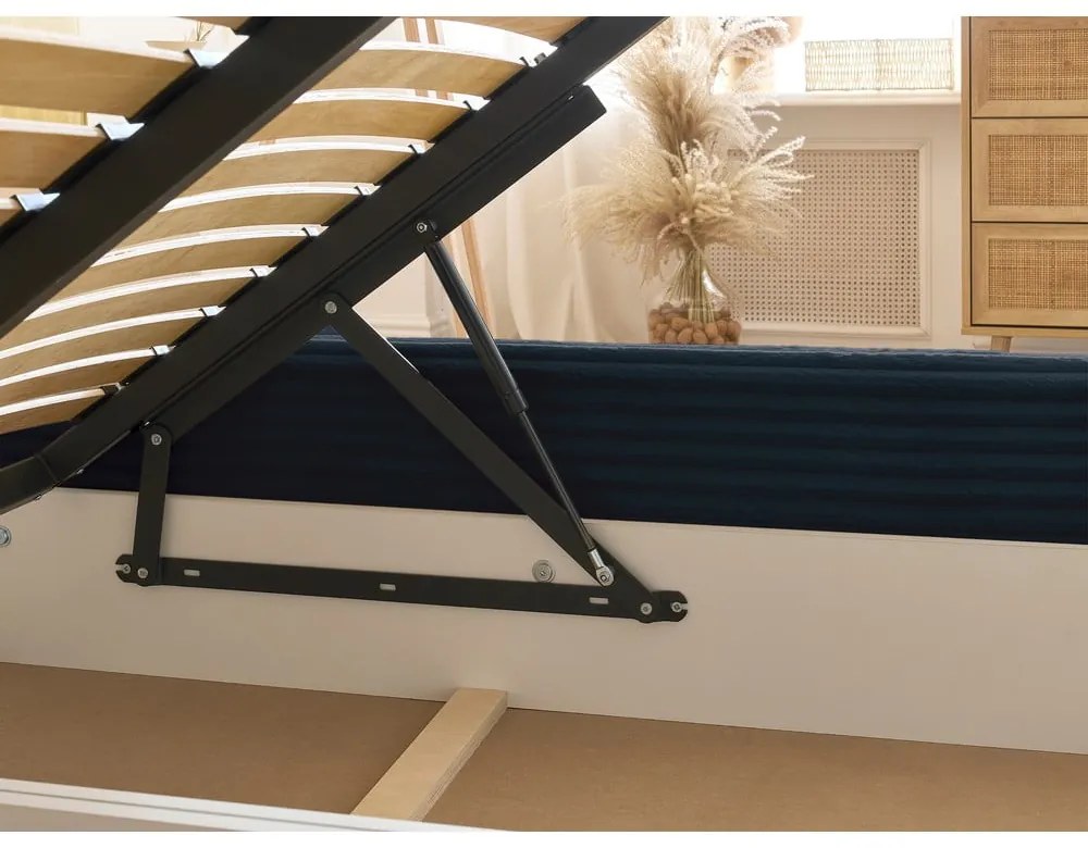 Sötétkék kárpitozott ágyneműtartós franciaágy ágyráccsal 160x200 cm Jade – Bobochic Paris