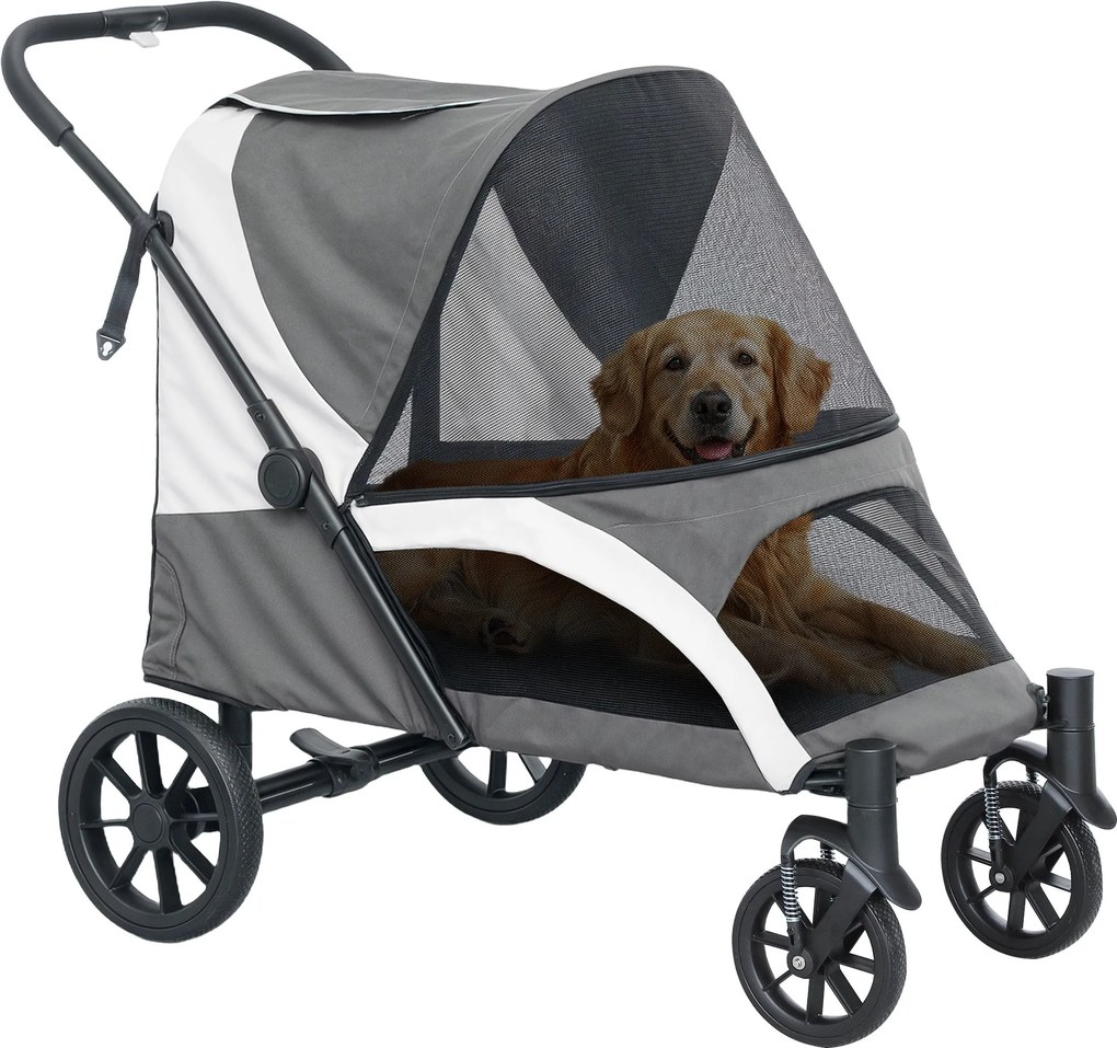 PawHut Összecsukható Kutya Babakocsi Nagy Kutyák & Macskák Számára 30kg-ig, Kutyakocsi Párnával, Hálós Ablakokkal, Ajtókkal, Tárolótáskával, Biztonság