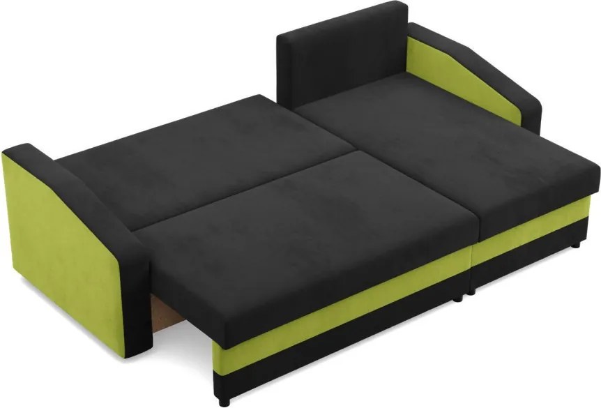 Hewlet sarokkanapé, 2 ágyneműtartóval, szövet anyag, univerzális oldal, hab töltet, fekete - zöld