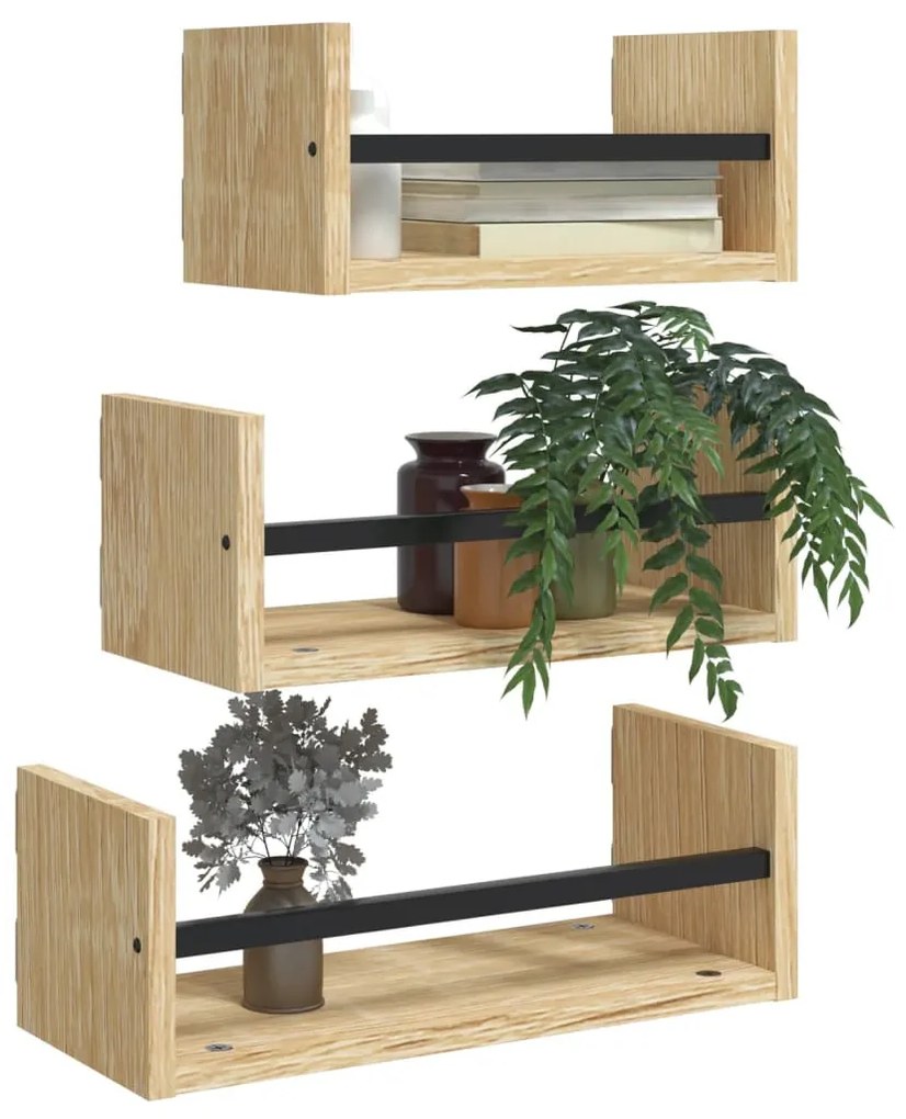 3 darabos sonoma tölgyfa fali polcgarnitúra rúddal