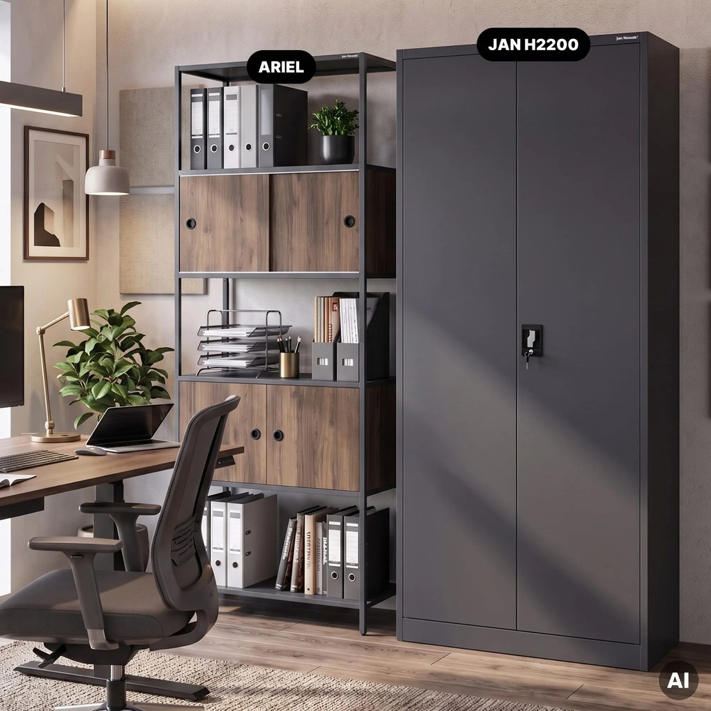 Iratrendező polc zárható szekrénnyel, irodai, nyitott polcok, fém antracit/dió, 800x2200x400 mm: ARIEL Eco Design