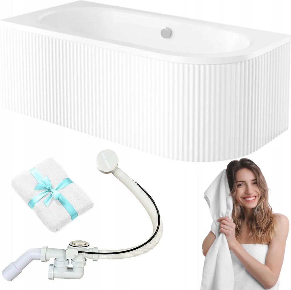 Téglalap alakú kád fehér bordázott burkolattal Besco Avita 180x80 bal szifon