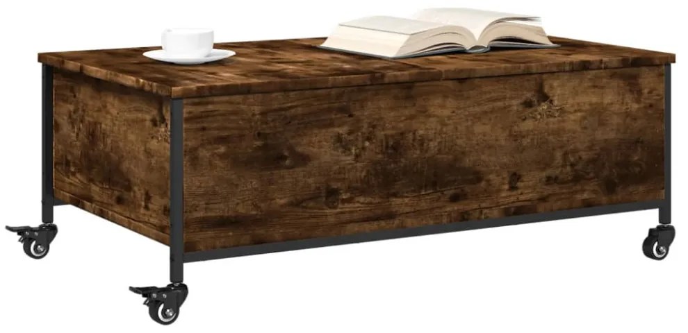füstös tölgy szerelt fa dohányzóasztal kerekekkel 91x55x34 cm