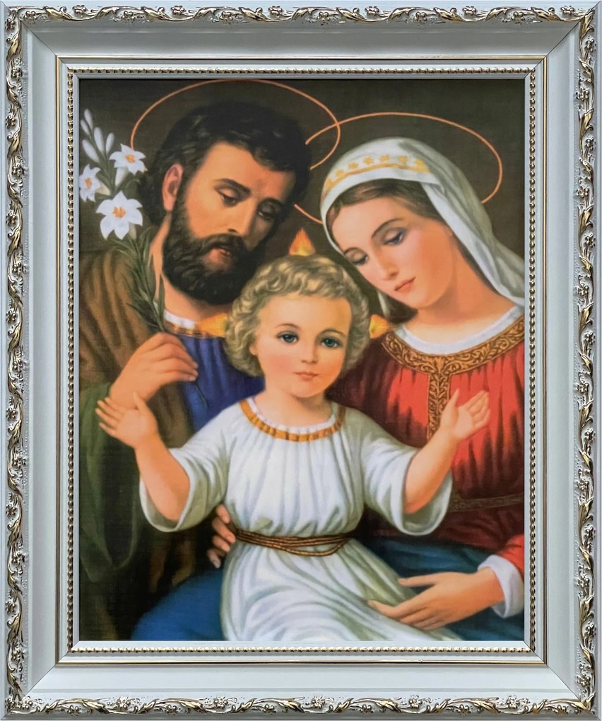 Vászonkép 31x26 Szent Család Jézus Krisztus József Mária Fehér Díszített Keret