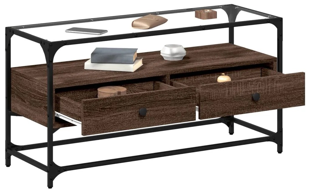 barna tölgy színű szerelt fa TV-szekrény üveglappal 98x35x51 cm