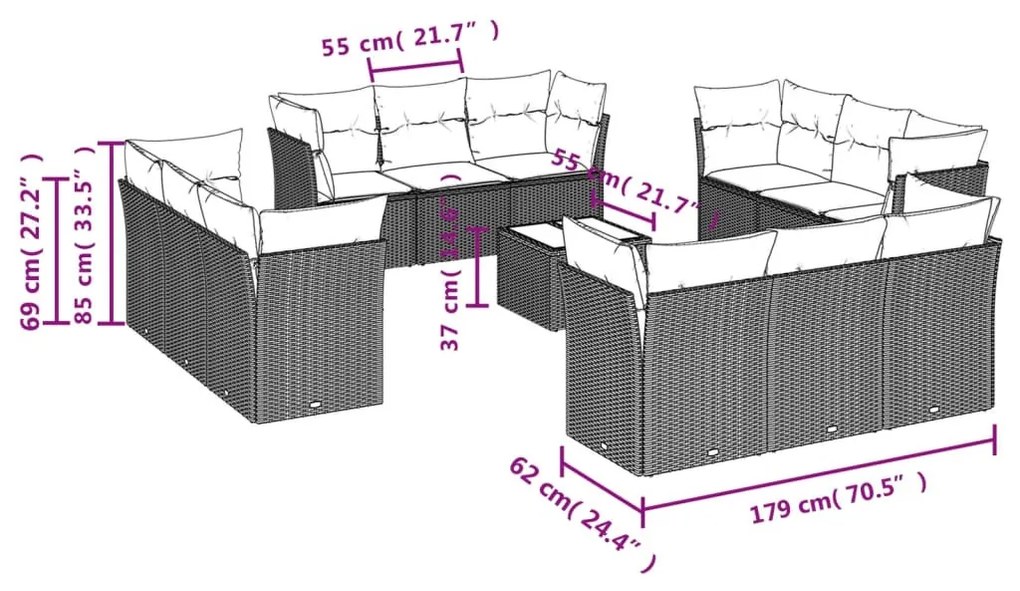 13 részes fekete polyrattan kerti ülőgarnitúra párnákkal