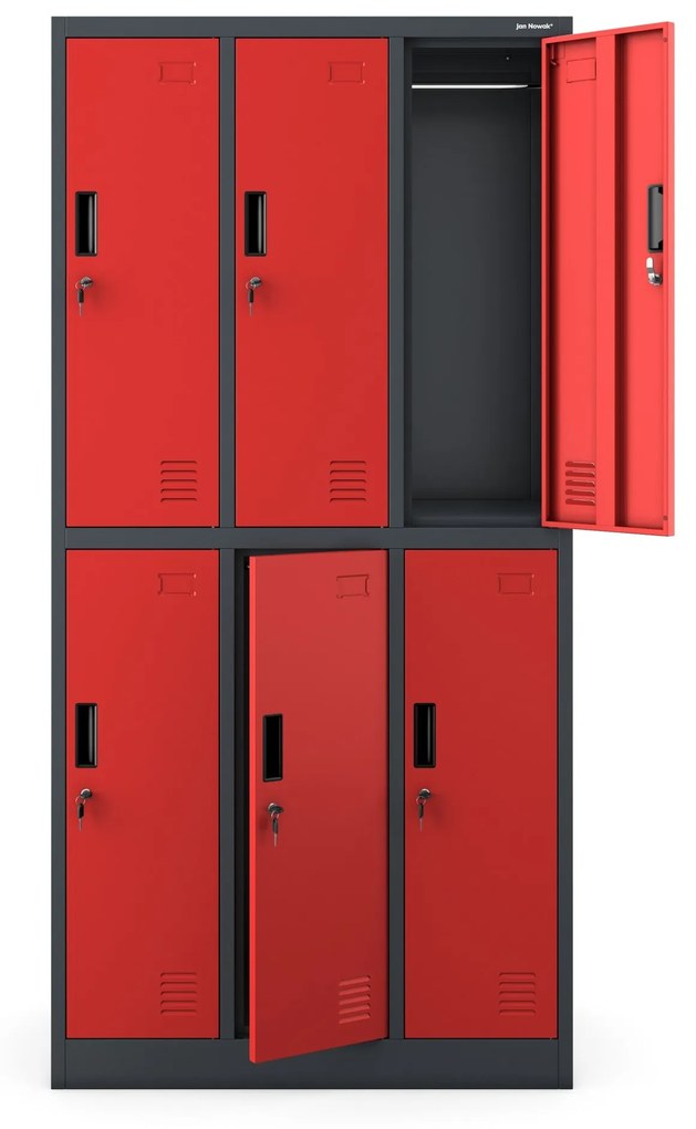 Fém öltözőszekrény 6 rekeszes IGOR, 900 x 1850 x 450 mm, antracit-piros