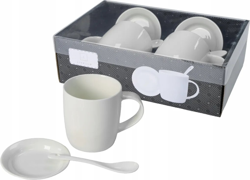 2 db-os porcelán bögre szett ajándék 340 ml Livello csészealj kanál fehér