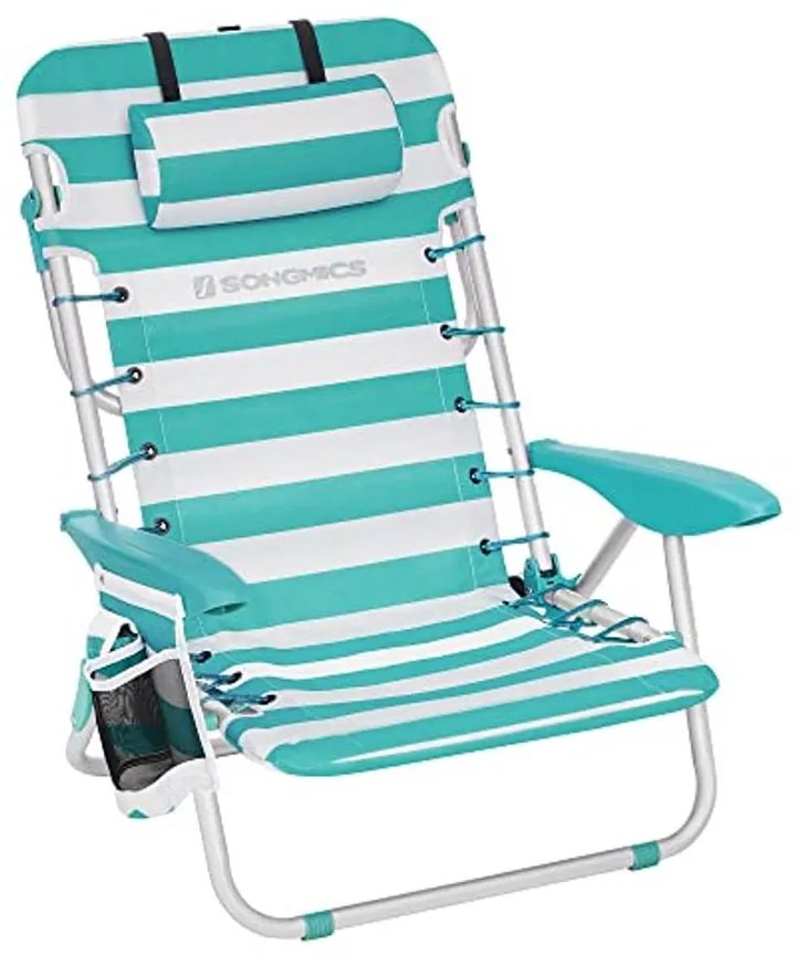 Strandszék, összecsukható kempingszék, hordozható kültéri szék, állítható háttámlával, zöld és fehér