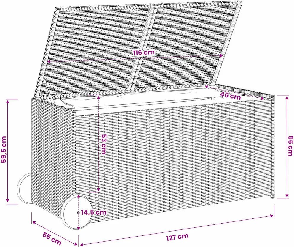 vidaXL szürke polyrattan kerti tárolóláda kerekekkel 283 L