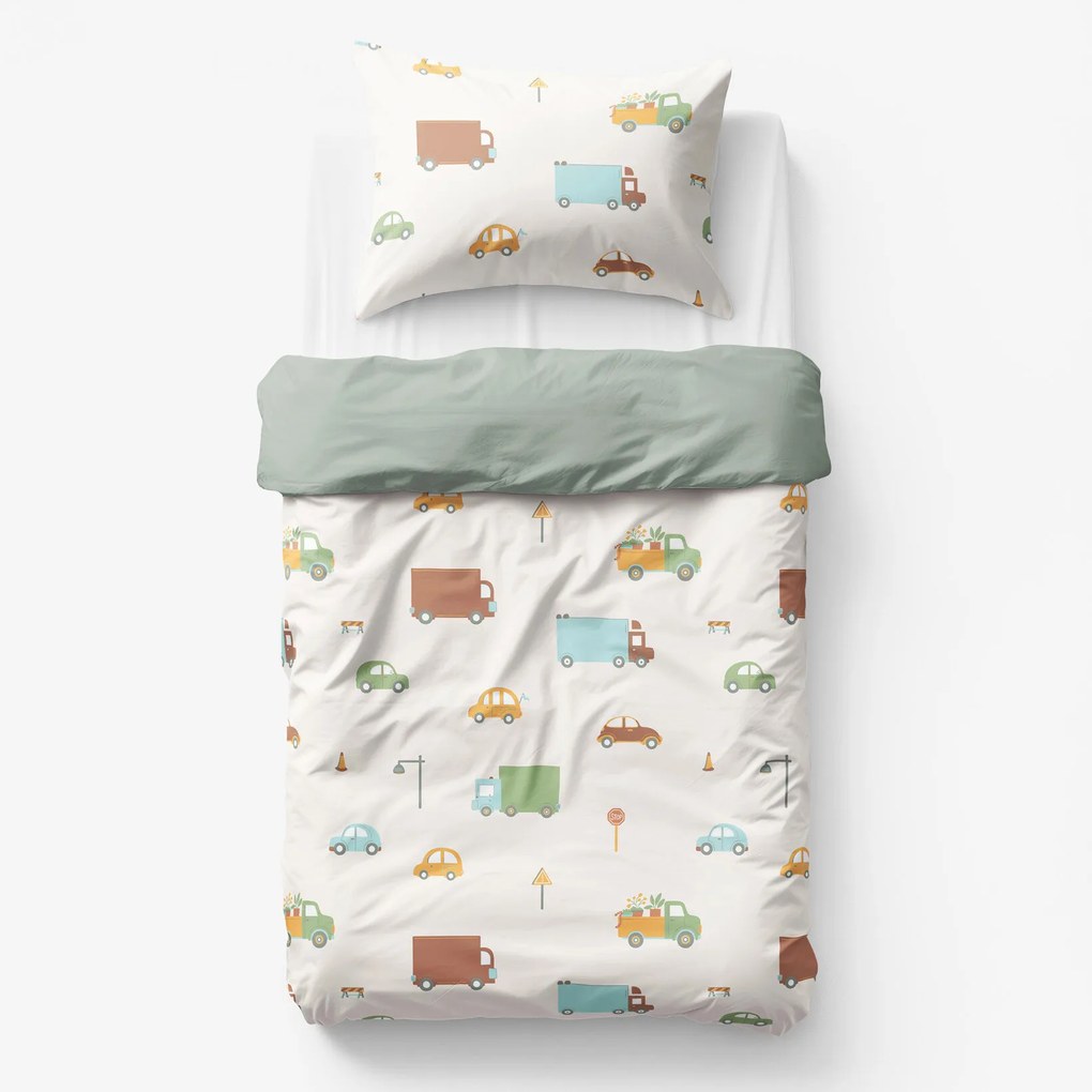 Goldea gyermek pamut ágyneműhuzat duo - az autók világa, zsálya színű hátoldal 140 x 200 és 70 x 90 cm