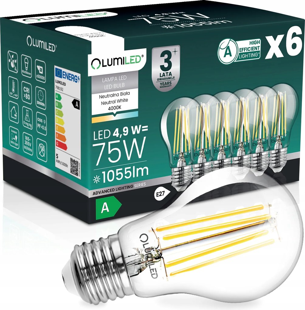 6x Led Izzó E27 Filament A Osztály 4,9W 1055LM 75W 4000K 360° Lumiled