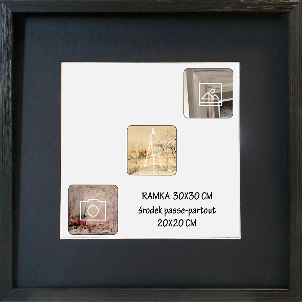 Kész képkeret, azonnal felakasztható, 30x30 cm, fa keret 20x20 cm-es passepartout a képhez