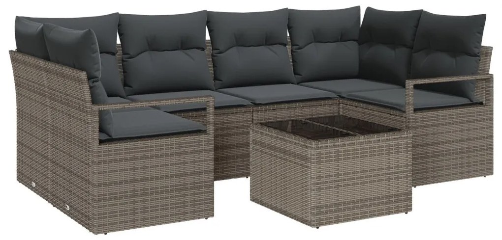 7 darabos kerti kanapé szett párnákkal, szürke poli rattan, 2-seater kerti kanapé tárolóval és párnákkal, szürke poli rattan