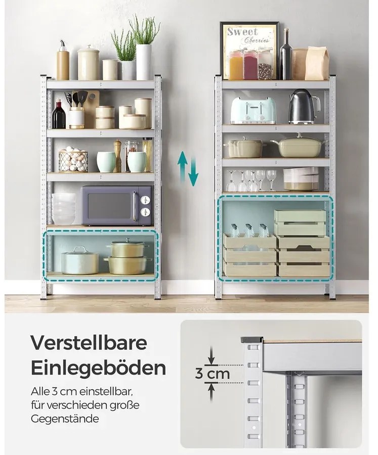 5 szintes polcrendszer, acél polcrendszer tároláshoz, csavarmentes összeszerelés, teherbírás 650 kg, 30 x 75 x 150 cm, ezüst