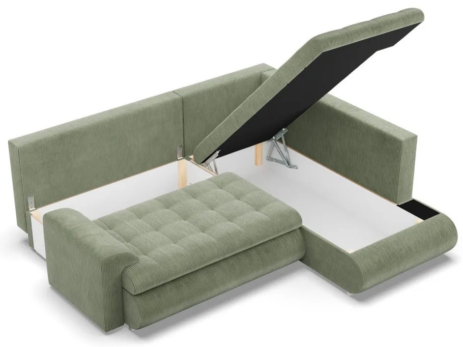 Tokio sarokkanapé, L alakú háttámlával, 2 ágyneműtartóval, kordbársony, jobboldali, zöld