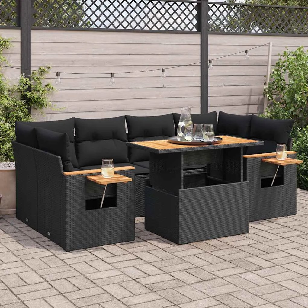7 részes fekete polyrattan akácfa kerti ülőgarnitúra párnával