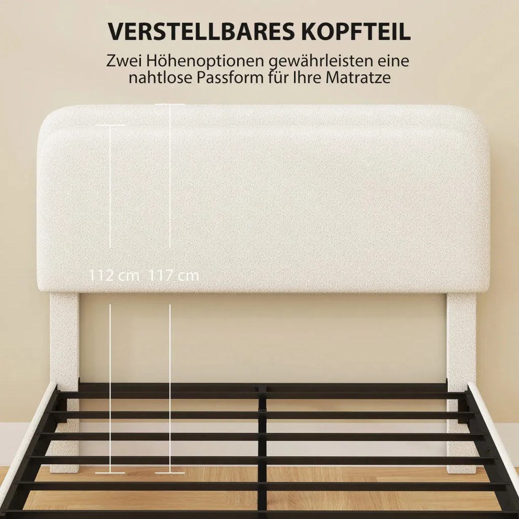 HOMCOM Ágy 140x200 cm Ágykeret állítható kárpitozott teddy fleece fejtámlával, fehér