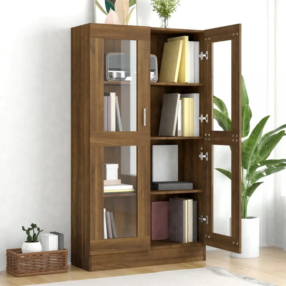 barna tölgy színű szerelt fa vitrinszekrény 82,5x30,5x150 cm