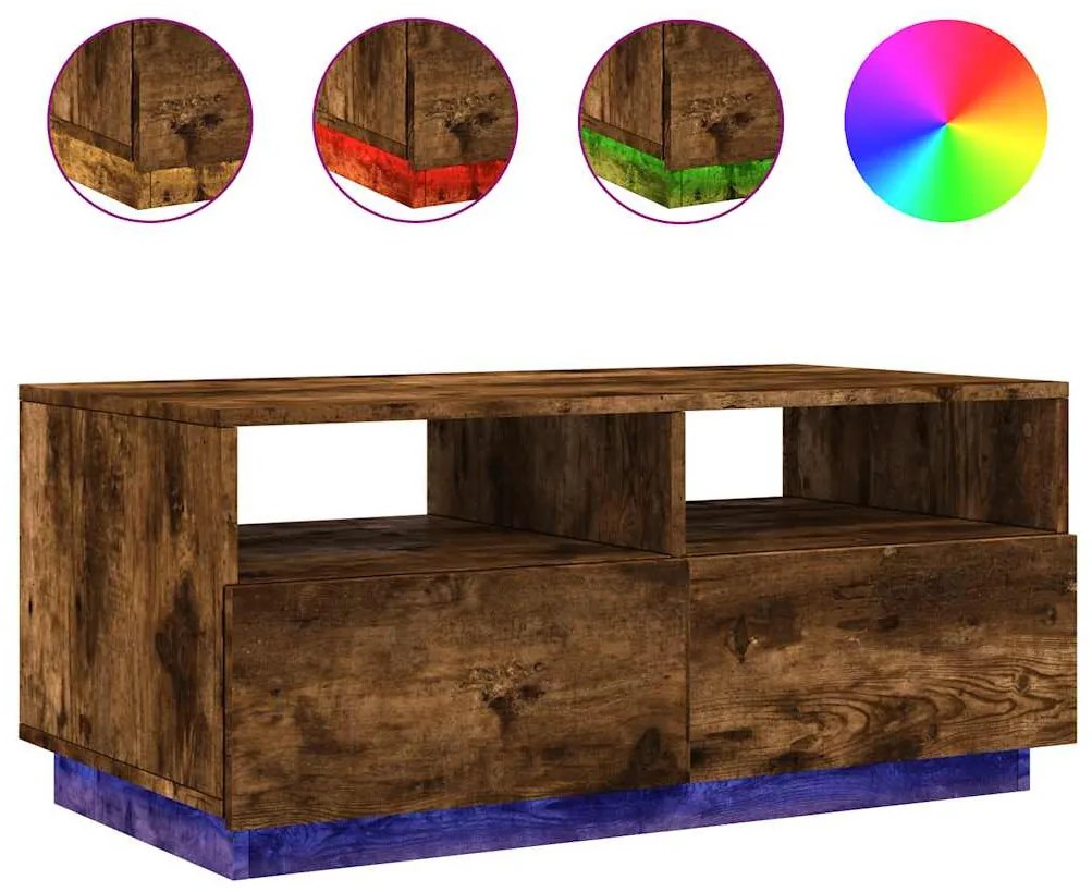 Füstös tölgy színű dohányzóasztal LED-lámpákkal 90x49x40 cm