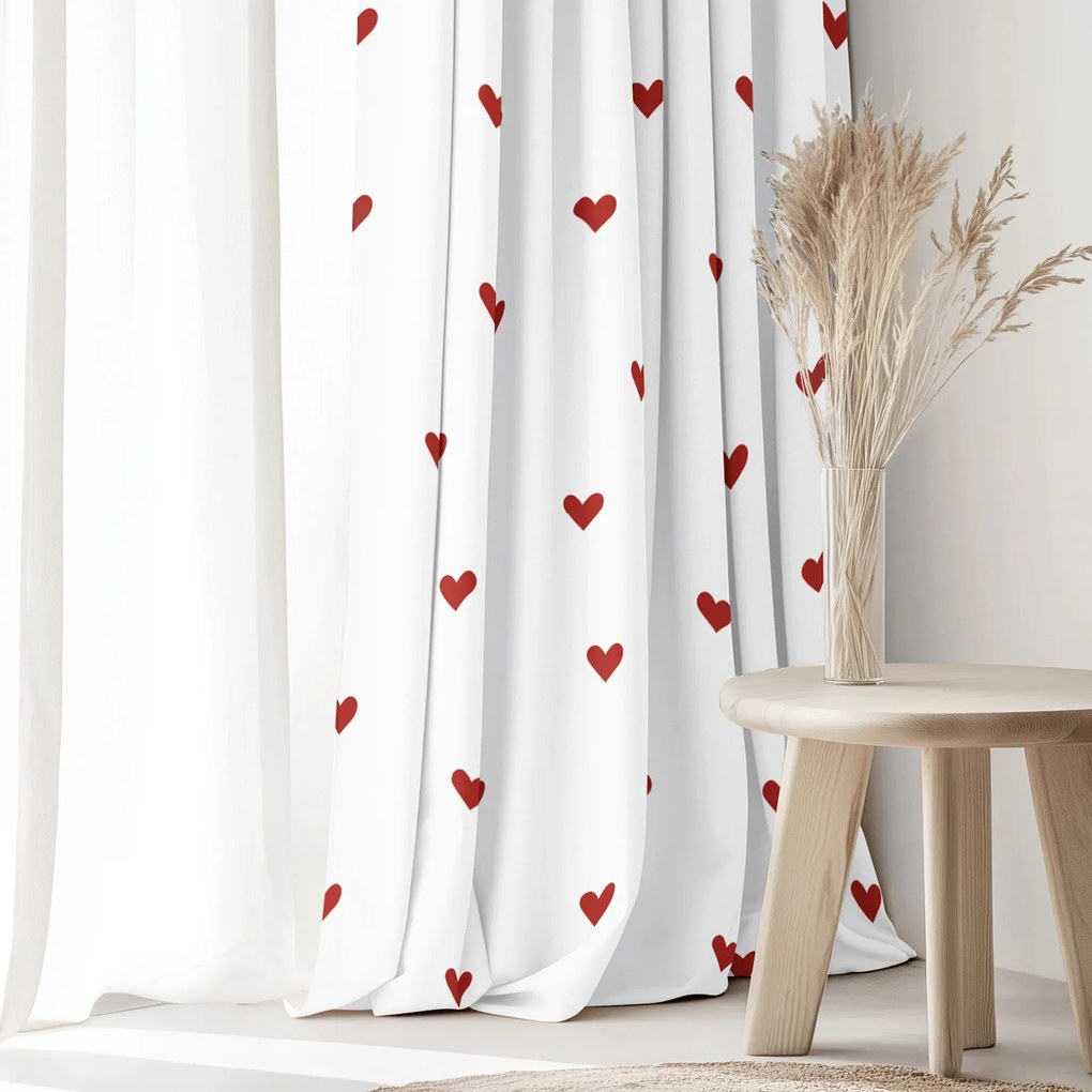 Goldea pamut drapéria - piros szívecskék, fehér alapon 160x150 cm