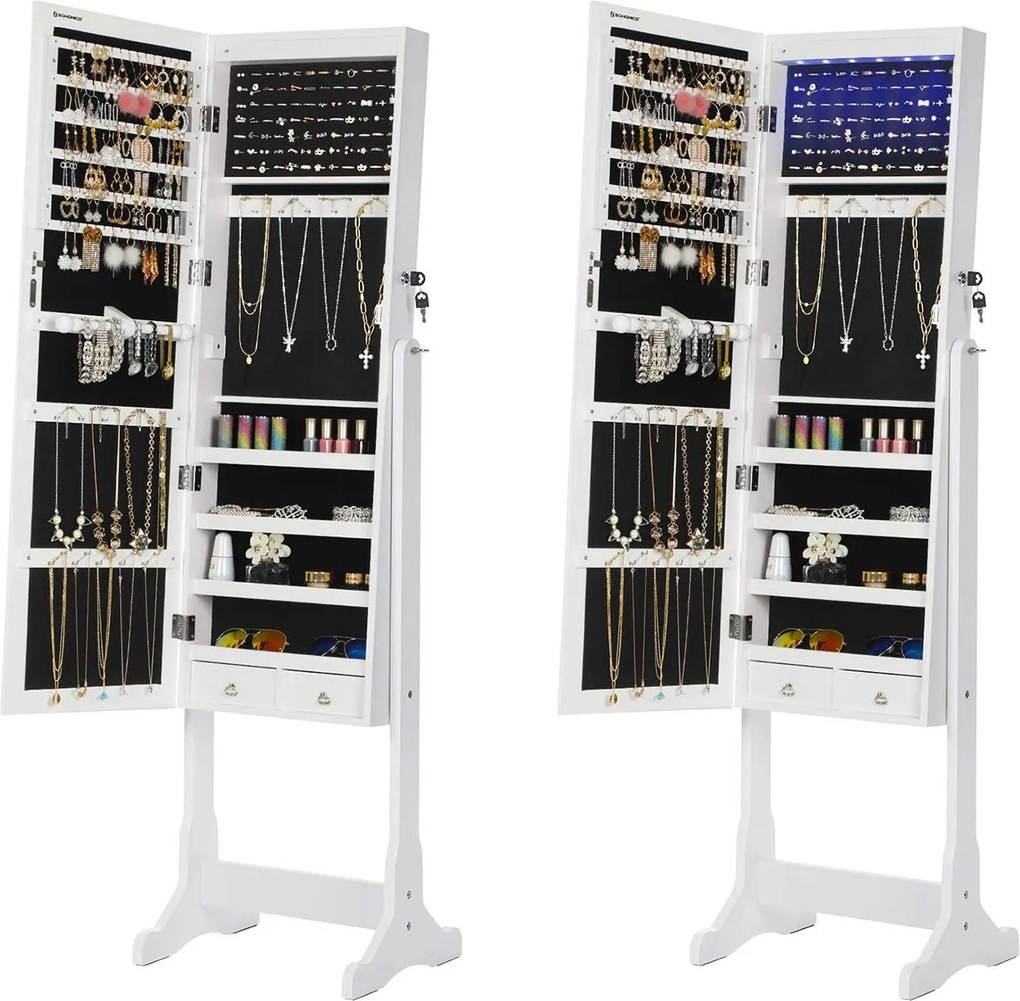 Led világító ékszerszekrény tükörrel, zárható ékszertartó 2 fiókkal, fehér