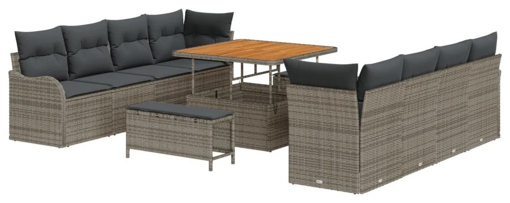 11 Darabos Kerti Kanapé Szett Párnákkal Szürke Poly Rattan Akáccal, 2-Fős Kerti Kanapé Párnákkal Szürke Poly Rattan, 3 Darabos Kerti Étkező Szett Párnákkal Szürke Poly Rattan Akáccal