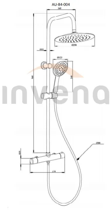 Invena Trend, Trend termosztatikus zuhanycsaptelep felső esőzuhannyal Musta 25cm, fekete matt, INV-AU-84-004-X