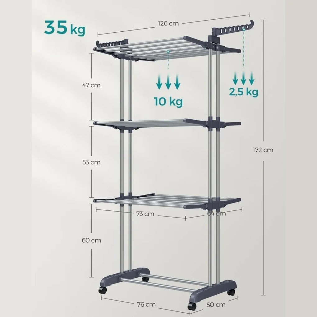 ELTON ruhaszárító 4 szintes, kerekekkel, 76x172x50 cm, szürke SongmicsHome