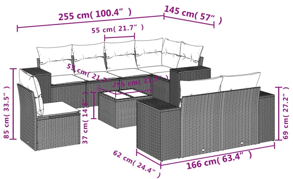 9 részes fekete polyrattan kerti ülőgarnitúra párnákkal