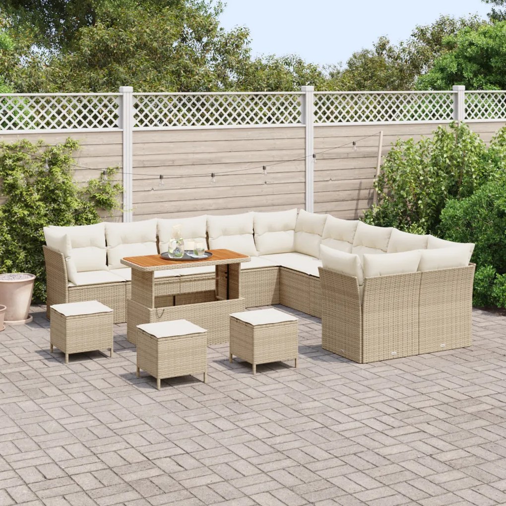 14 Darabos Kerti Kanapészett Párnákkal Bézs Polyrattan Akác, 4 Darabos Kerti Étkezős Szett Párnákkal Bézs Polyrattan Akác