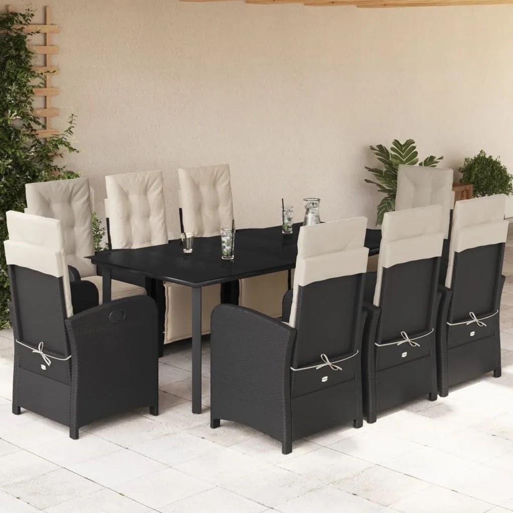 9 részes fekete polyrattan kerti étkezőgarnitúra párnákkal