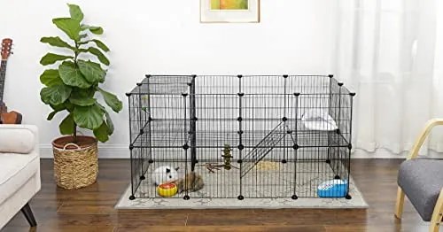 Fém ketrec háziállatoknak tengerimalac, hörcsög, nyúl számára 36 paneles, fekete 143x73x71cm