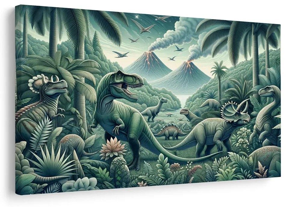 Kép dinoszauruszok vulkános őserdőben