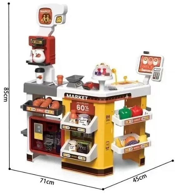 Szupermarket játékkészlet, 54 tartozék, hangok, fények, POS, szkenner, bevásárlókosár, többszínű
