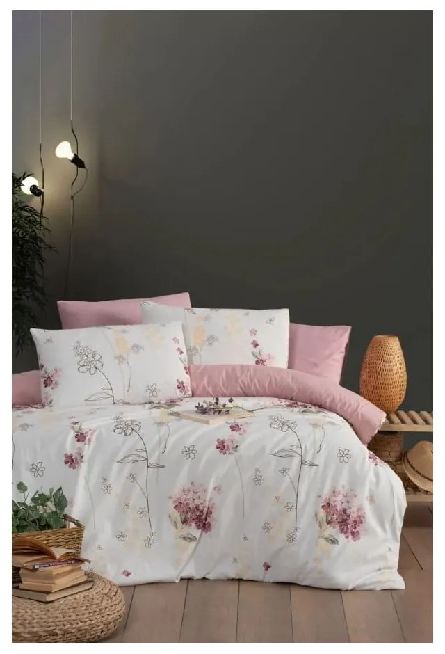 Fehér-rózsaszín egyszemélyes hosszabbított ágyneműhuzat lepedővel, háromrészes 160x220 cm Floral – Mila Home